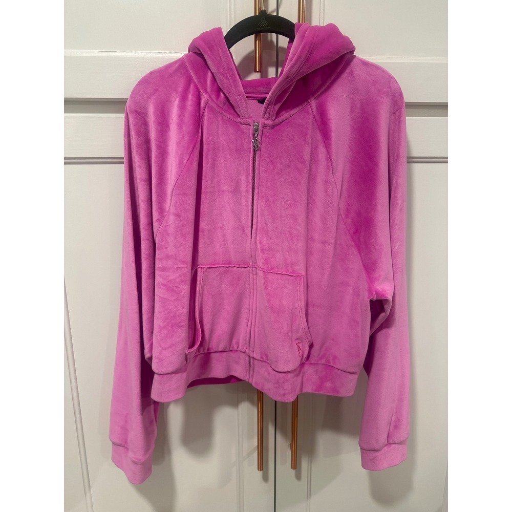 Victoria's Secret on point Pink Velour Hoodie Jacket Size Lg Athletic crop